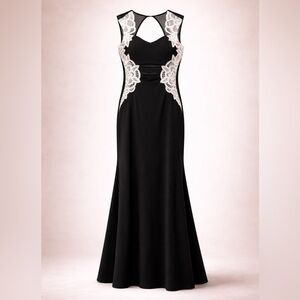 VENUS Black & White Lace Appliqué Sculpted Gown Evening Dress
